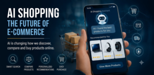 AI shopping assistant recommending products on a smartphone in a modern e-commerce environment